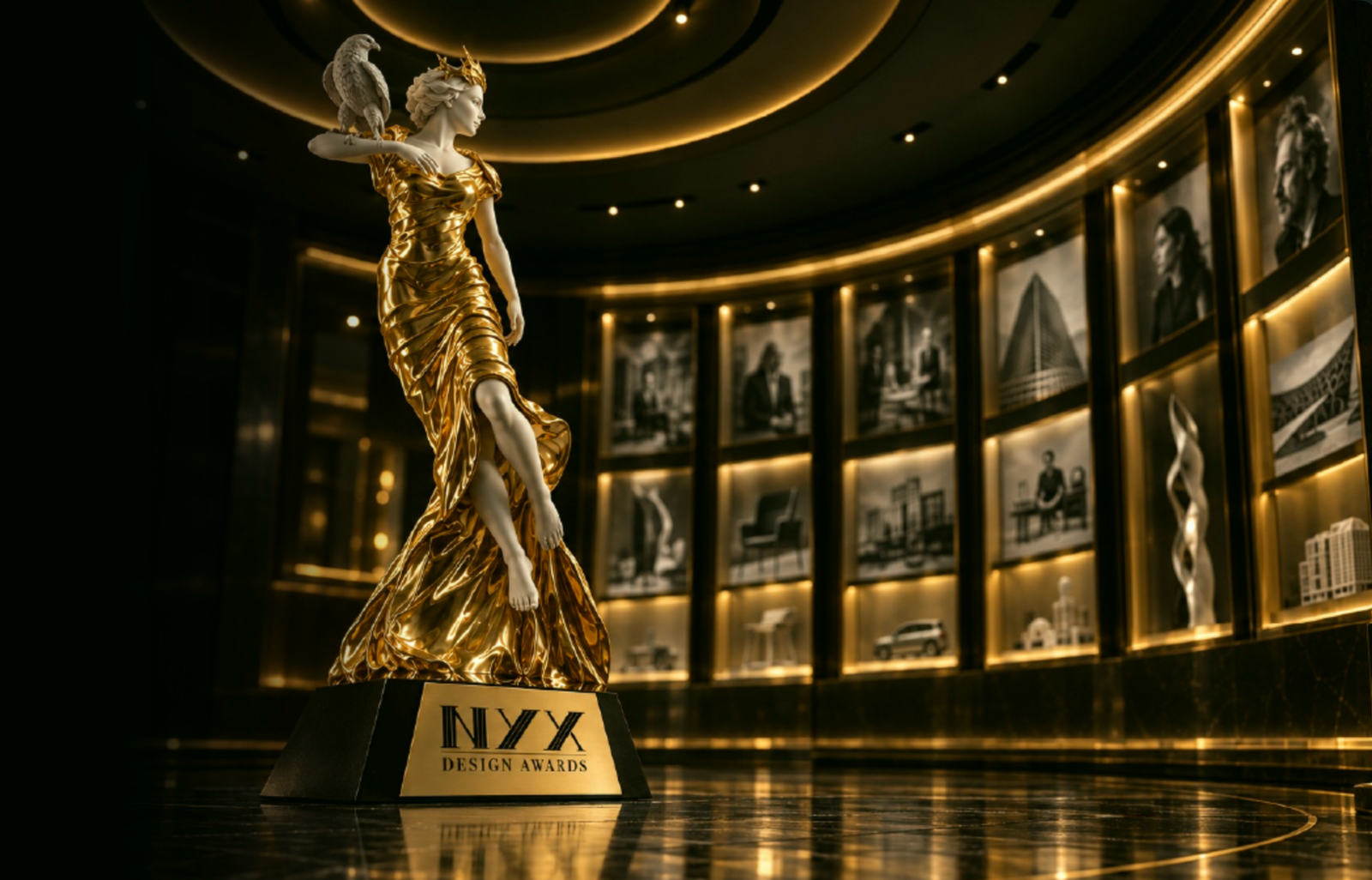 NYX Design Awards statuette in a gold-lit honours gallery